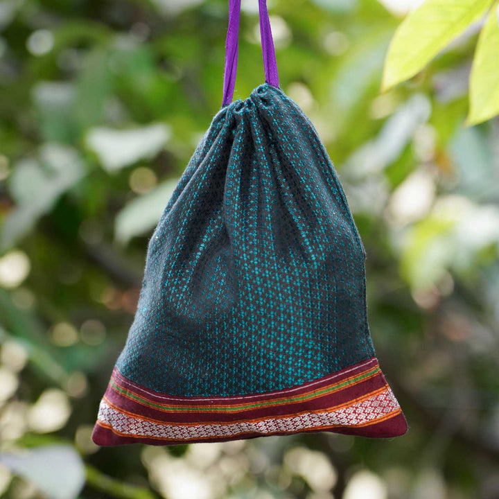 Handmade Fuchsia Blue Khunn Fabric Cotton Thamboolam Potli with Maroon Border
