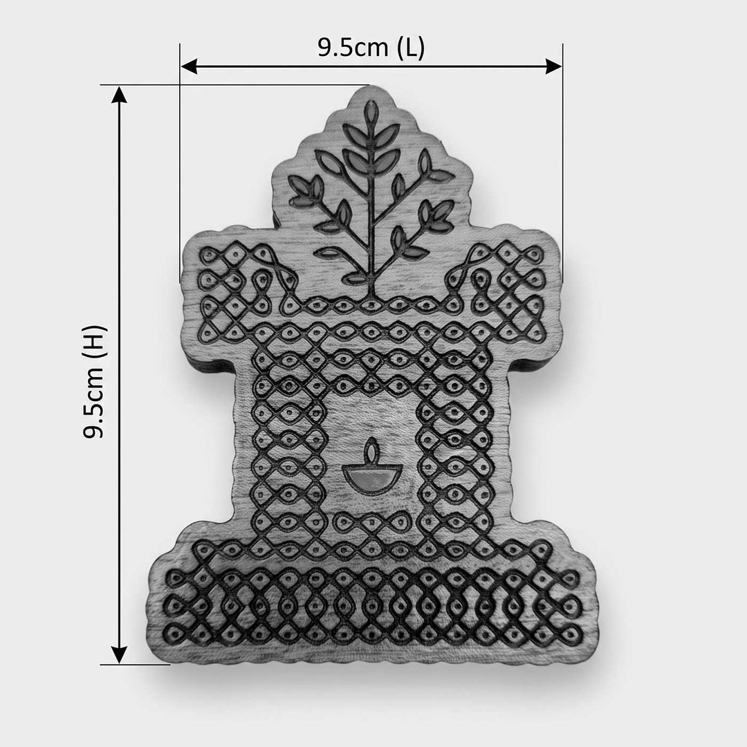 Engraved & Hand-Painted Thulasi Maadam-Inspired Kolam Mahogany Wood Fridge Magnet