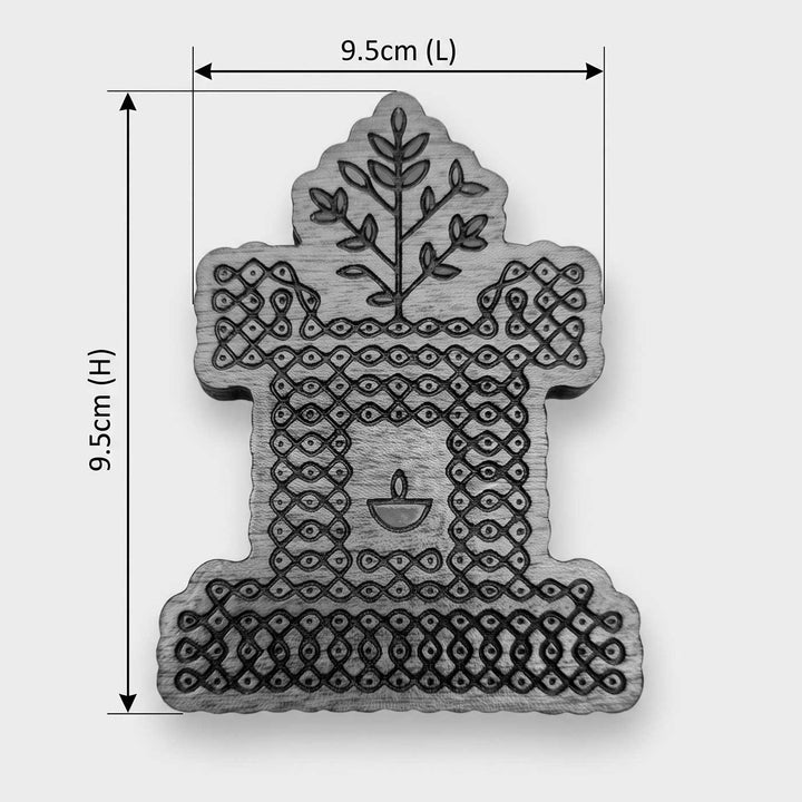 Engraved & Hand-Painted Thulasi Maadam-Inspired Kolam Mahogany Wood Fridge Magnet
