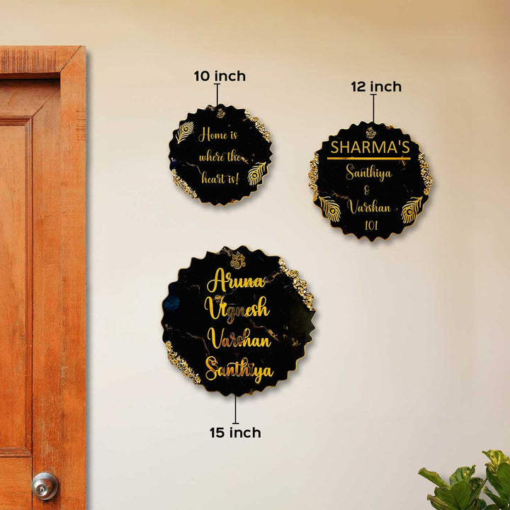Black Personalized Marble Effect Wavy Round Resin Name Plate | With 3D Acrylic Letters & Gold Stone Embellishment