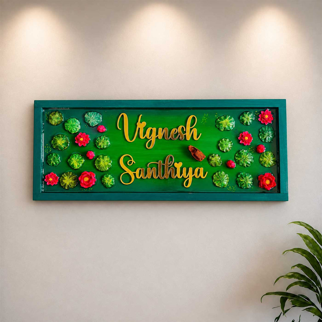 Lily 3D Personalized Slim Rectangle Resin & Teak Wood Name Plate With Acrylic Letters For Home