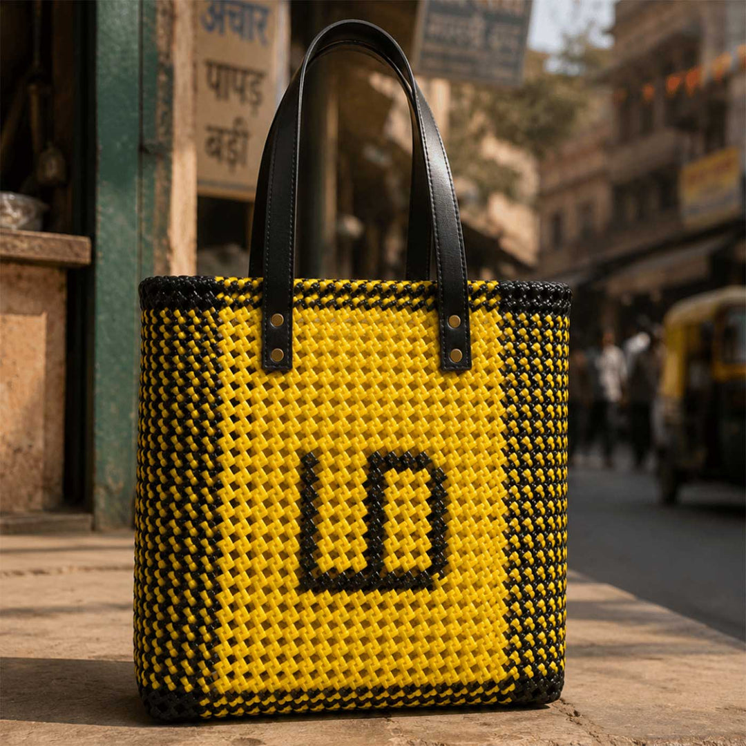 Yellow & Black Personalized Monogram Handmade Wire Koodai Tote Bag