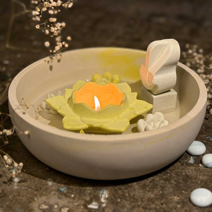 Handmade Glow Concrete Gift Hamper | Includes 1 Urli, 1 Flower Candle Holder, 1 Ganesha With Stand, 4 Succulent