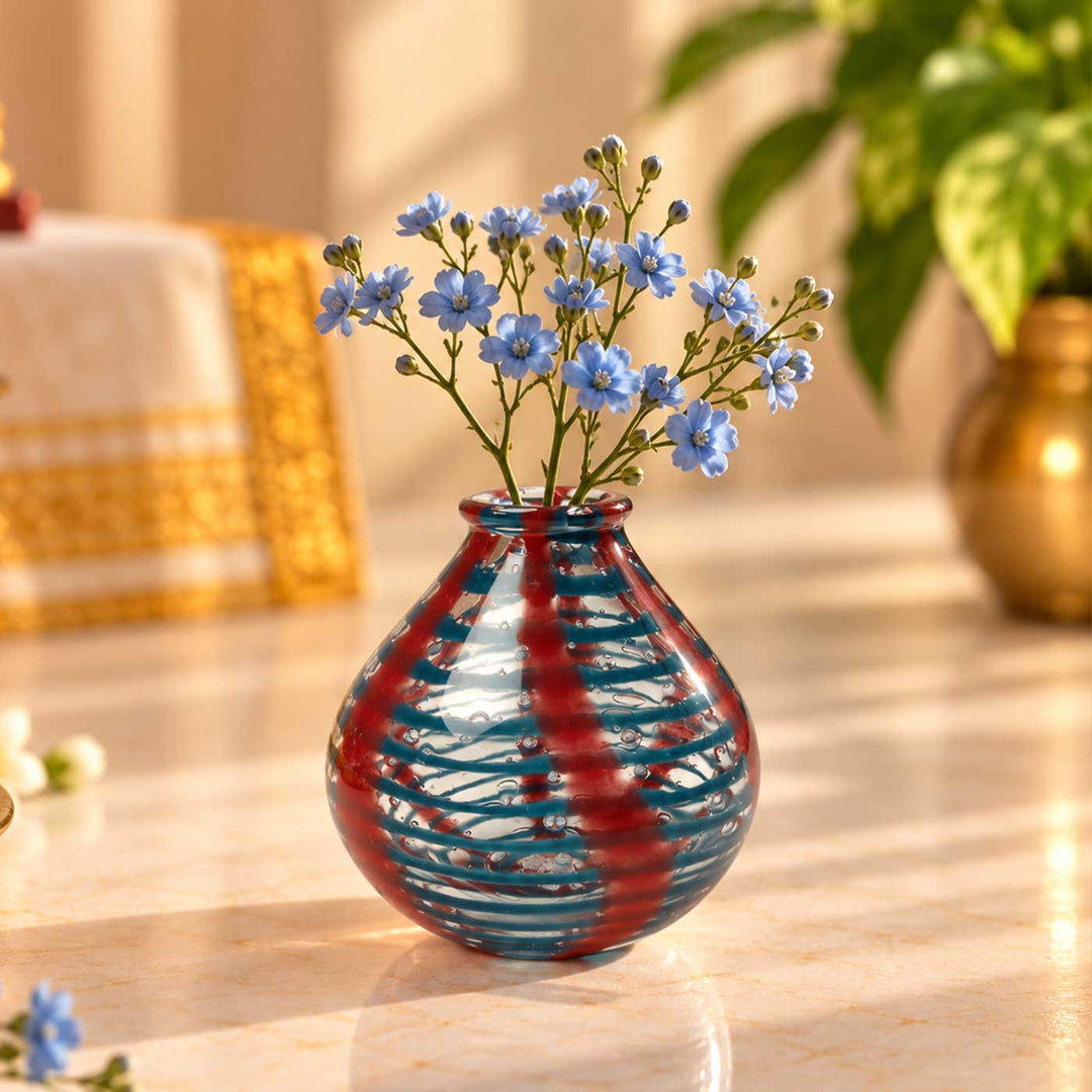 Handmade Red & Blue Stripe Small Glass Art Vase For Home Decor