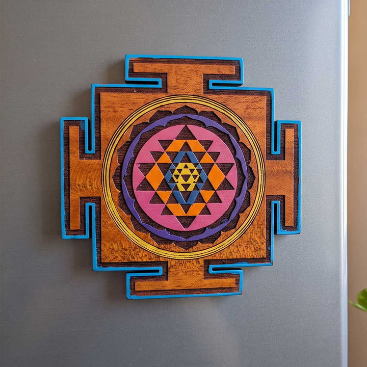 Engraved & Hand-Painted Sri Chakra Mahogany Wood Fridge Magnet