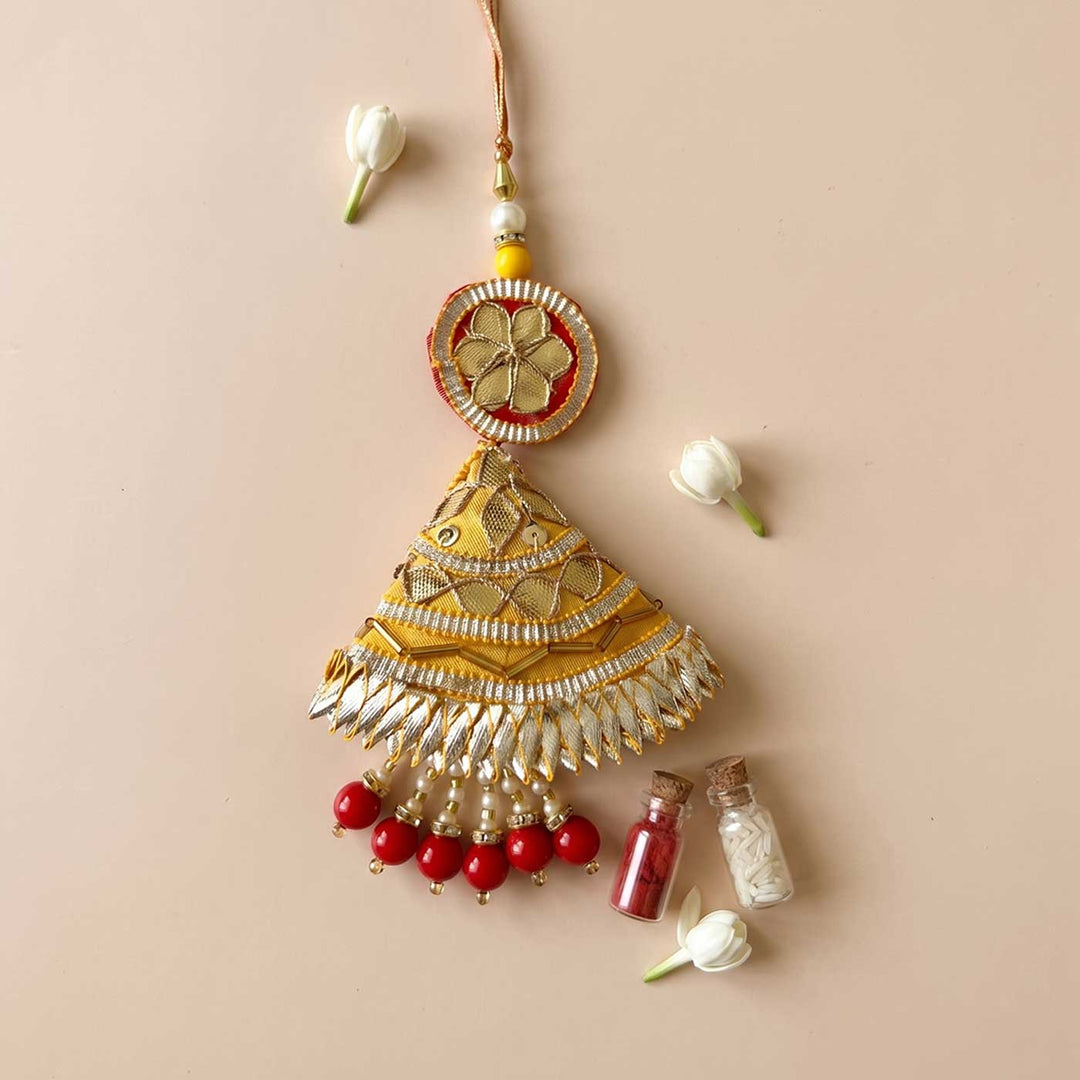 Handcrafted Gota Patti "Kiran" Lumba Rakhi With Roli Chawal for Bhabhi