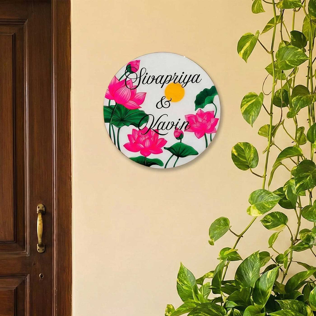 Pink Lotus Personalized Printed Round Resin Name Plate