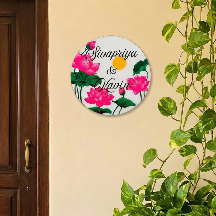 Pink Lotus Personalized Printed Round Resin Name Plate