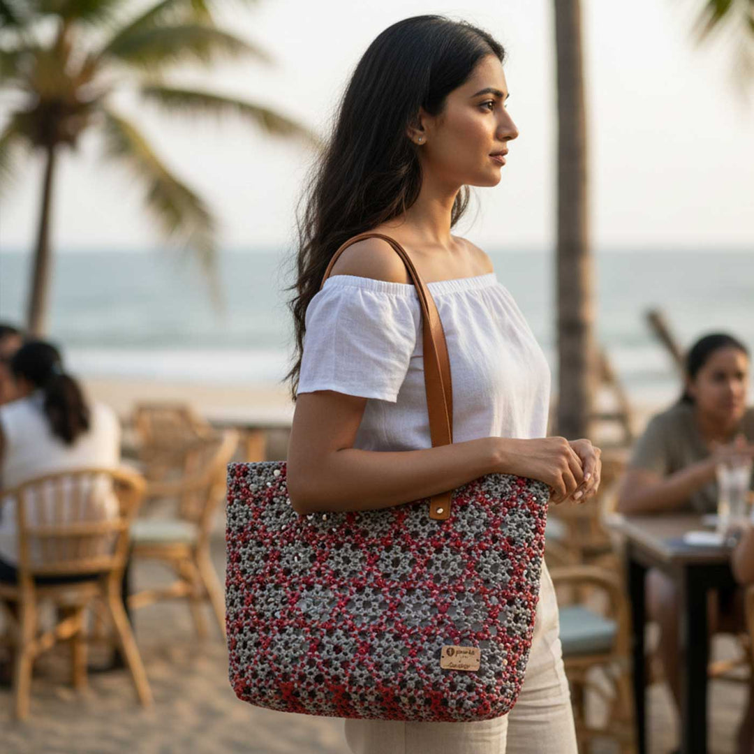 Maroon and Grey Tara Knot Handmade Koodai Tote Bag