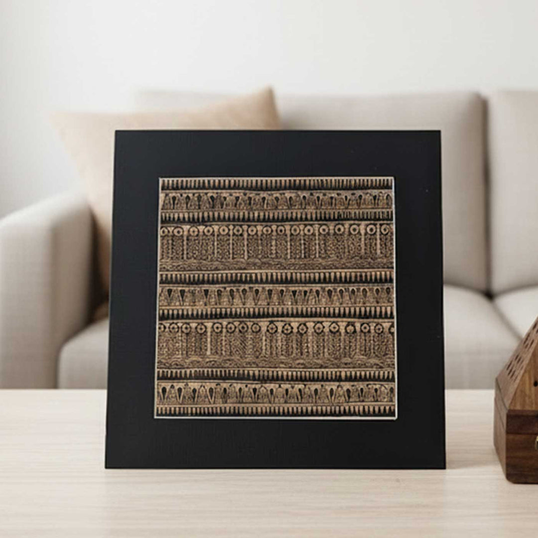 8 x 8 Inch | Black On Tea Treated Paper | Traditional Black & Brown Madhubani Style Drawing With Frame