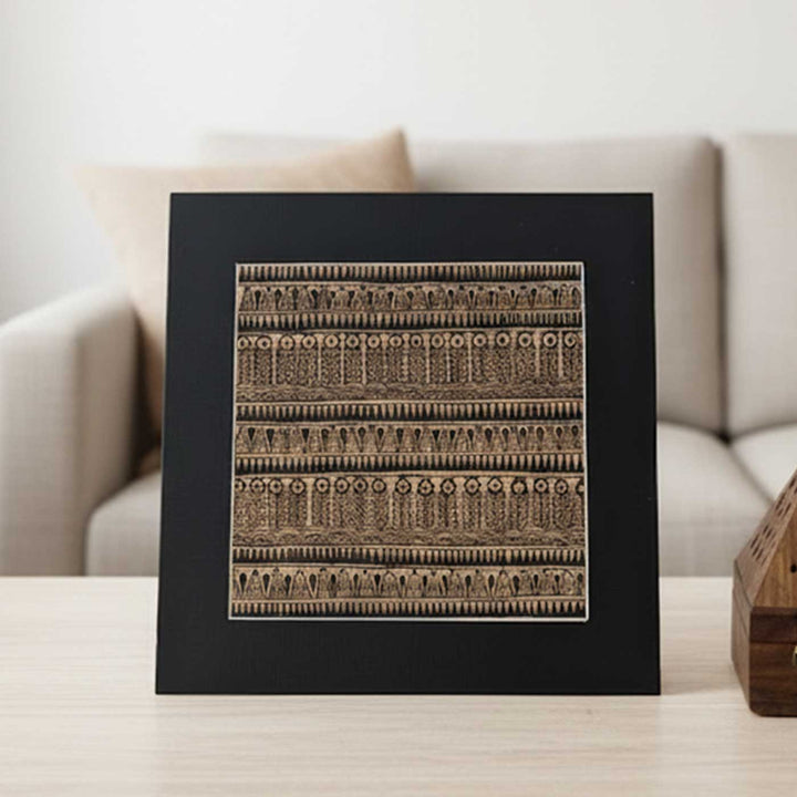 8 x 8 Inch | Black On Tea Treated Paper | Traditional Black & Brown Madhubani Style Drawing With Frame