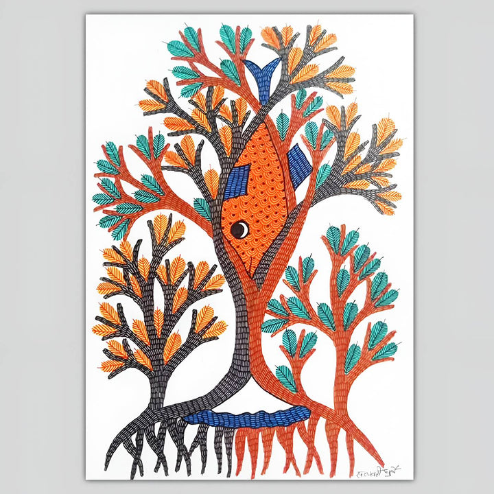 11 x 16 Inch | Fish Among Trees | Original Hand Painted Tribal Gond Art Painting | Acrylic Paint On Paper