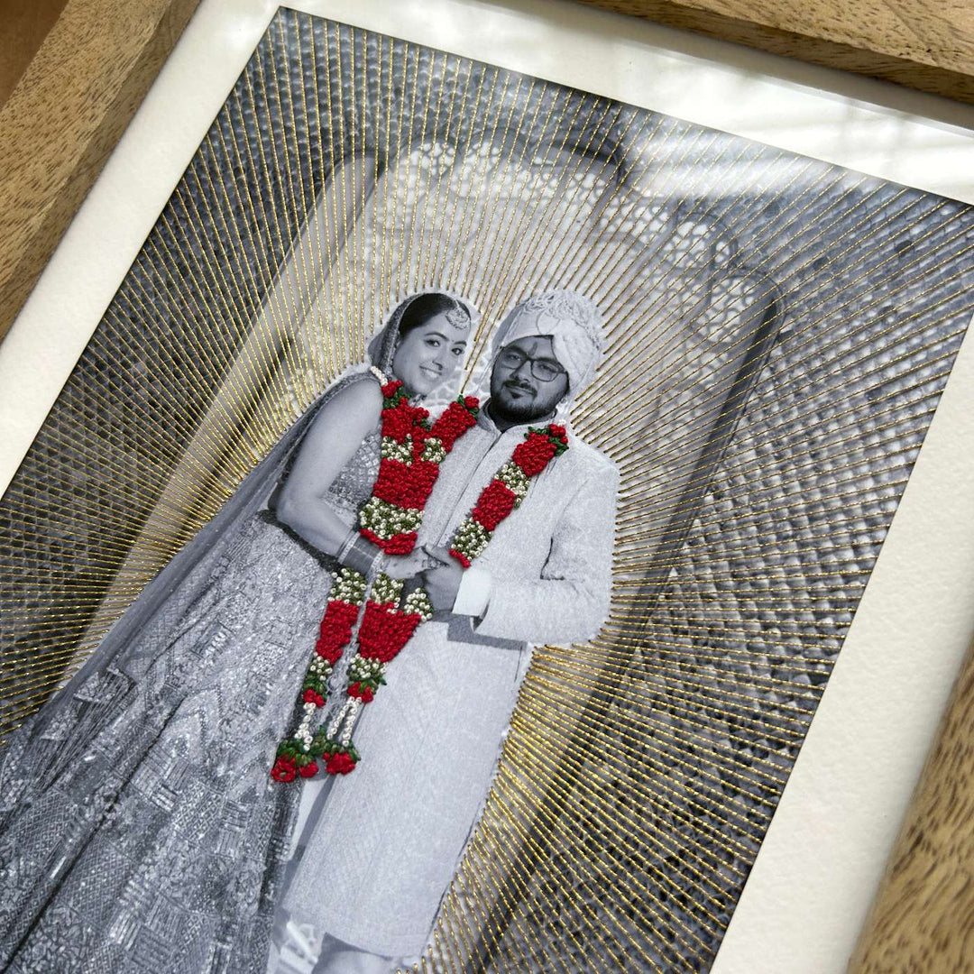 Couples Garland And Rays Design Hand Embroidered Photo With Wooden Frame