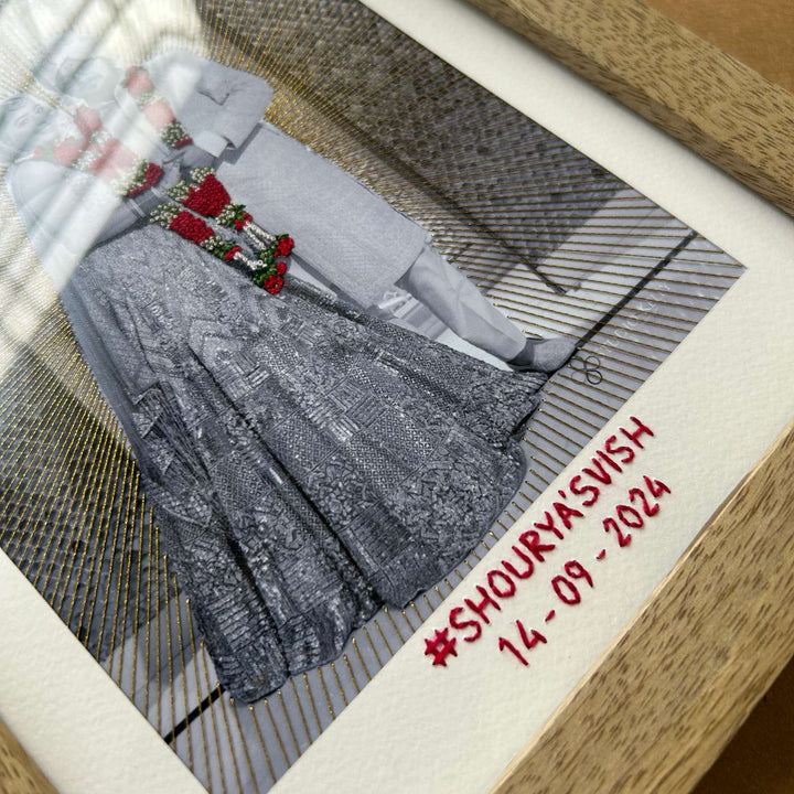 Couples Garland And Rays Design Hand Embroidered Photo With Wooden Frame