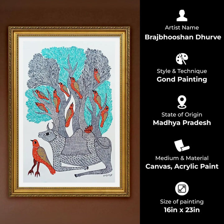16 x 23 Inch | Bull & Bird| Original Hand Painted Tribal Gond Art Painting | Acrylic Paint On Paper