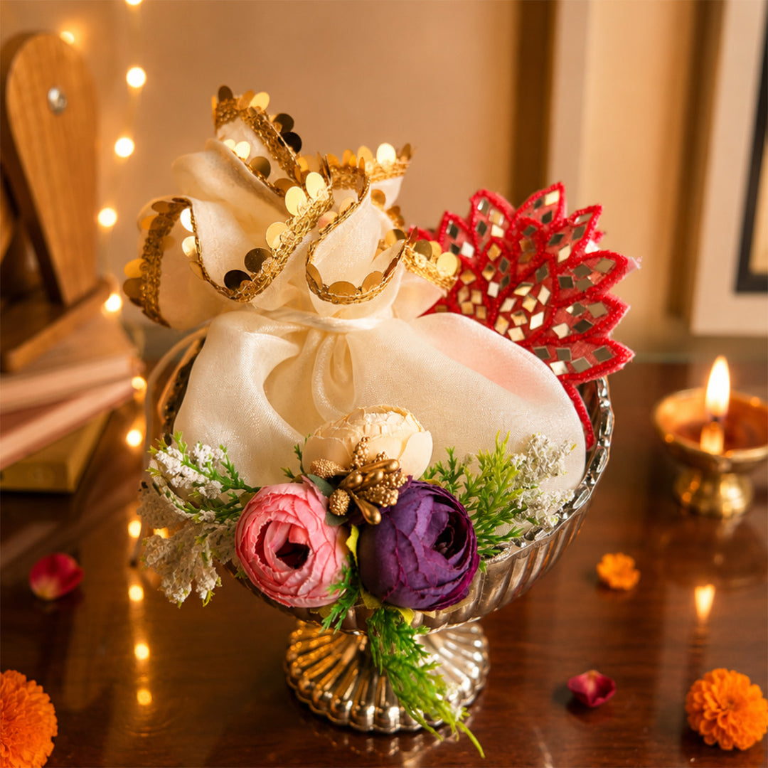 Silver Shagun Urli Soy Wax Scented Candle Diwali Gift Hamper With Almond Potli And Shubh Labh For Festive Gifting