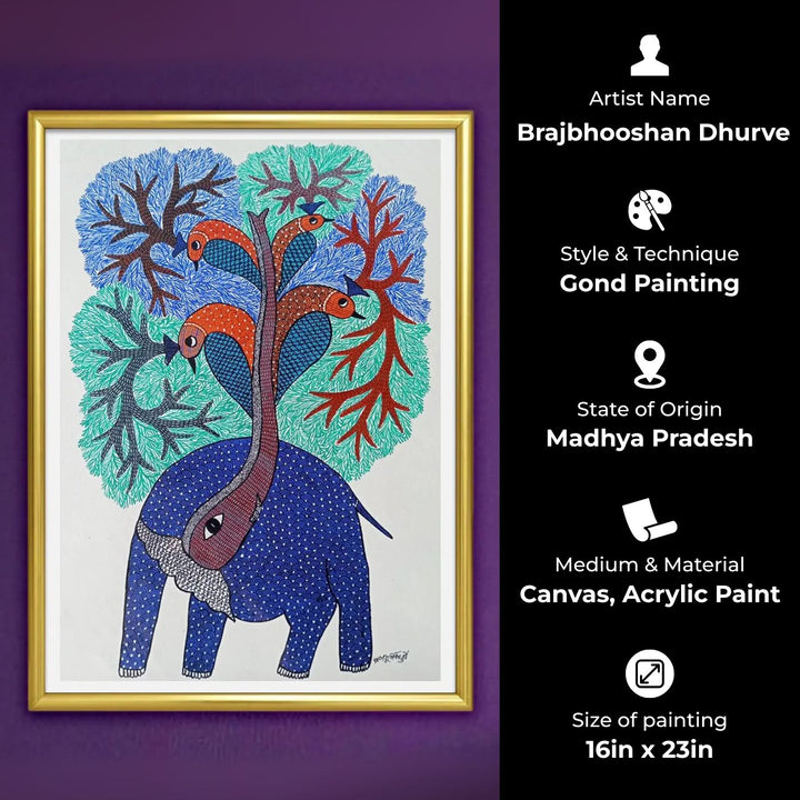 16 x 23 Inch | Elephant & Peacock | Original Hand Painted Tribal Gond Art Painting | Acrylic Paint On Paper