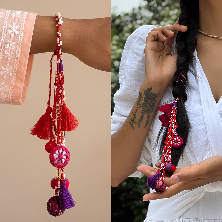 Handmade Reusable Pink Patwa - Ari Mirror & Potli Lumba Rakhi For Bhabhi