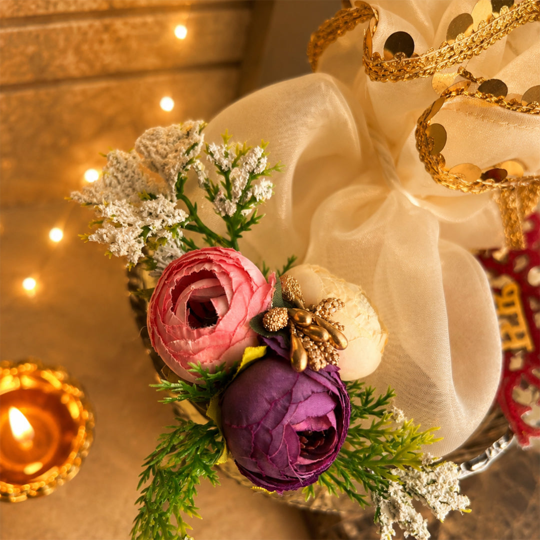 Silver Shagun Urli Soy Wax Scented Candle Diwali Gift Hamper With Almond Potli And Shubh Labh For Festive Gifting