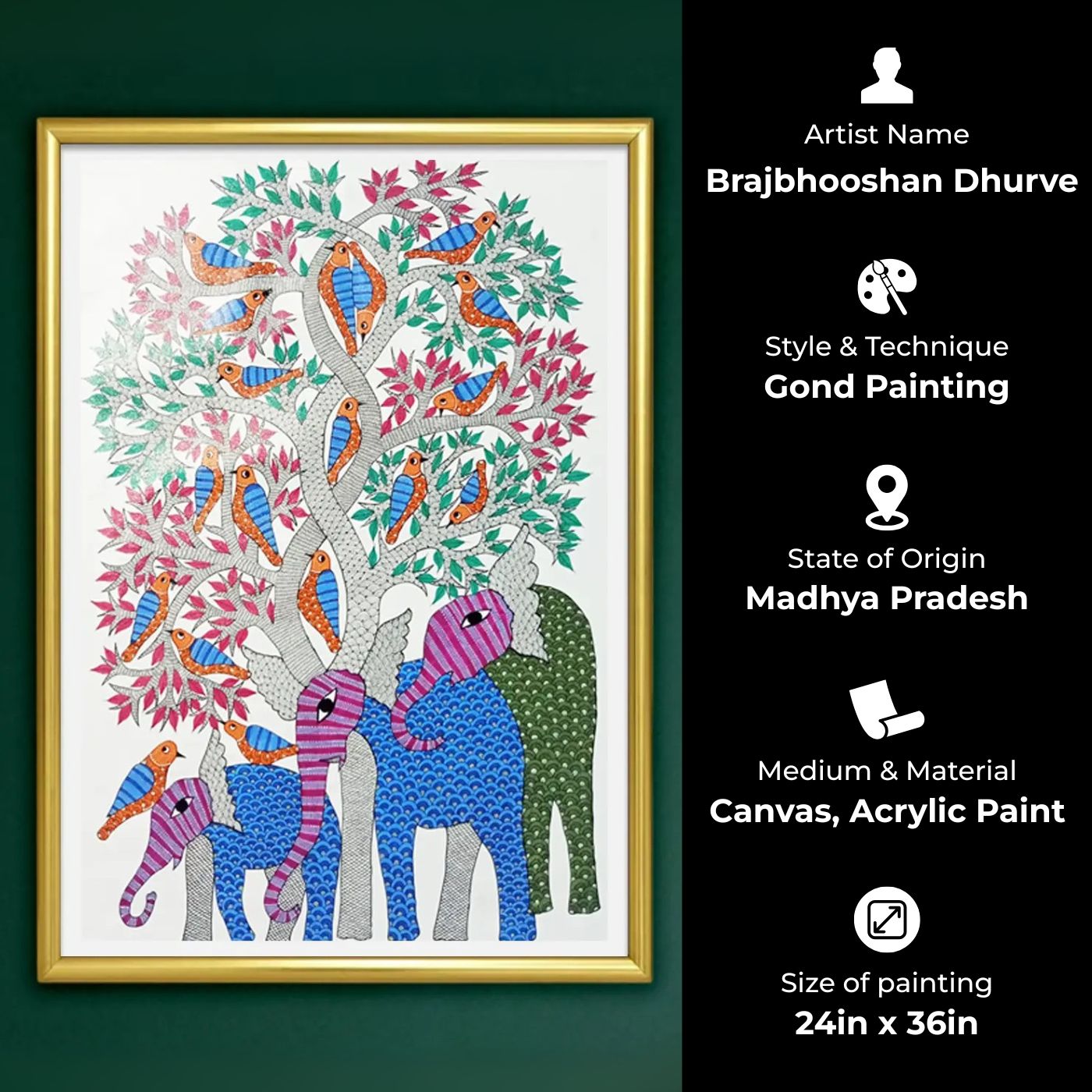 Buy 24 x 36 Inch | Elephant & Bird | Original Hand Painted Tribal