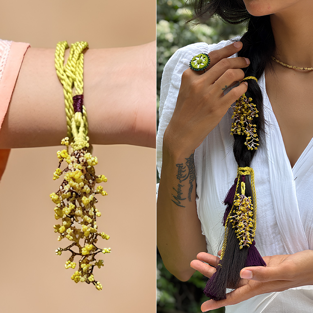 Handmade Reusable Yellow Corel And Jhumki Lumba Rakhi For Bhabhi