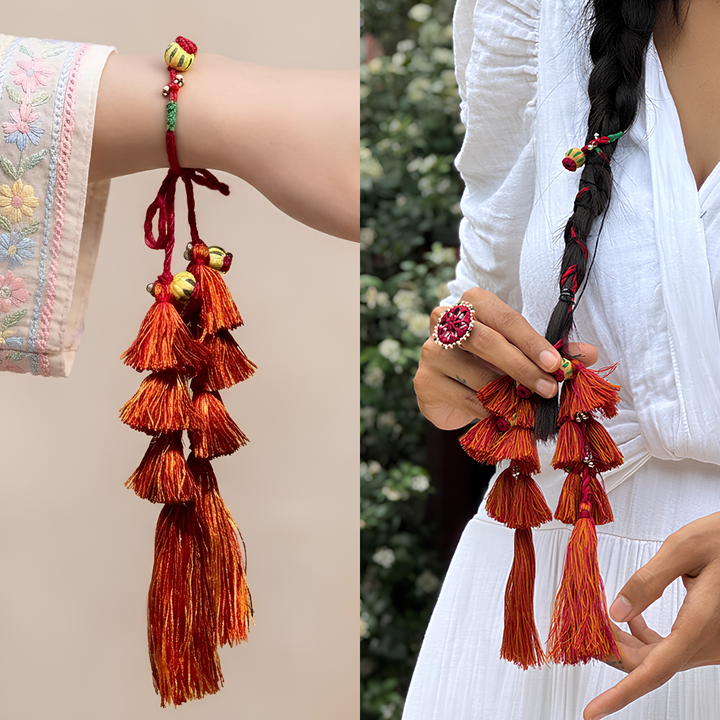 Handmade Reusable Red Potli Ghungroo & Jhumki Lumba Rakhi For Bhabhi