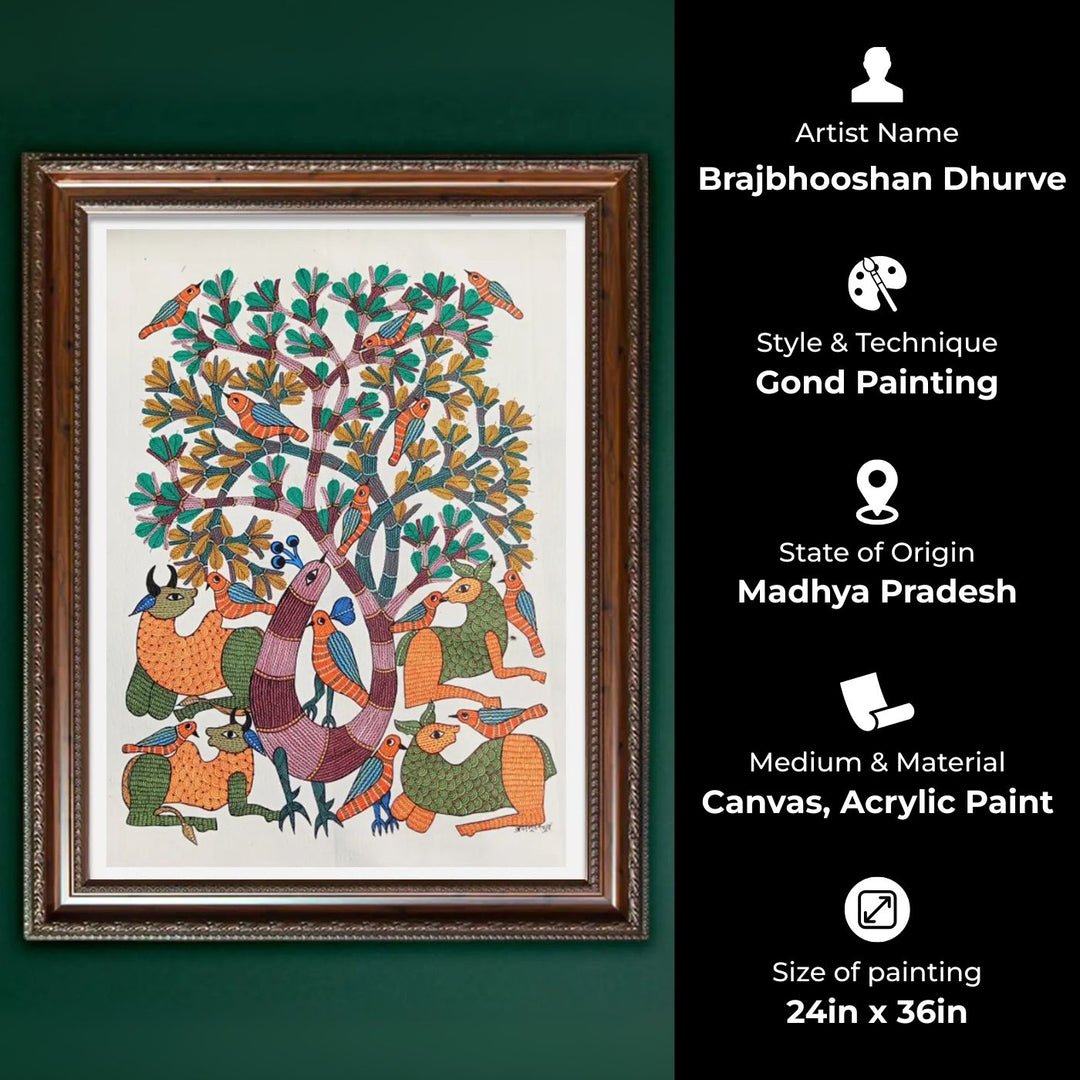 24 x 36 Inch | Tree of Coexistence | Original Hand Painted Tribal Gond Art Painting | Acrylic Paint On Canvas