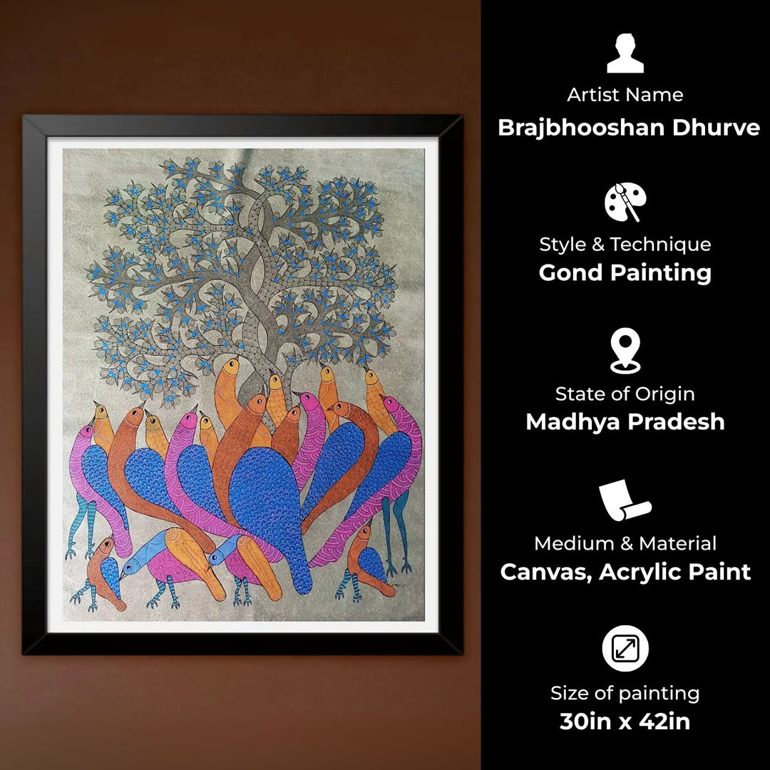 30 x 42 Inch | The Meeting Place | Original Hand Painted Tribal Gond Art Painting | Acrylic Paint On Canvas