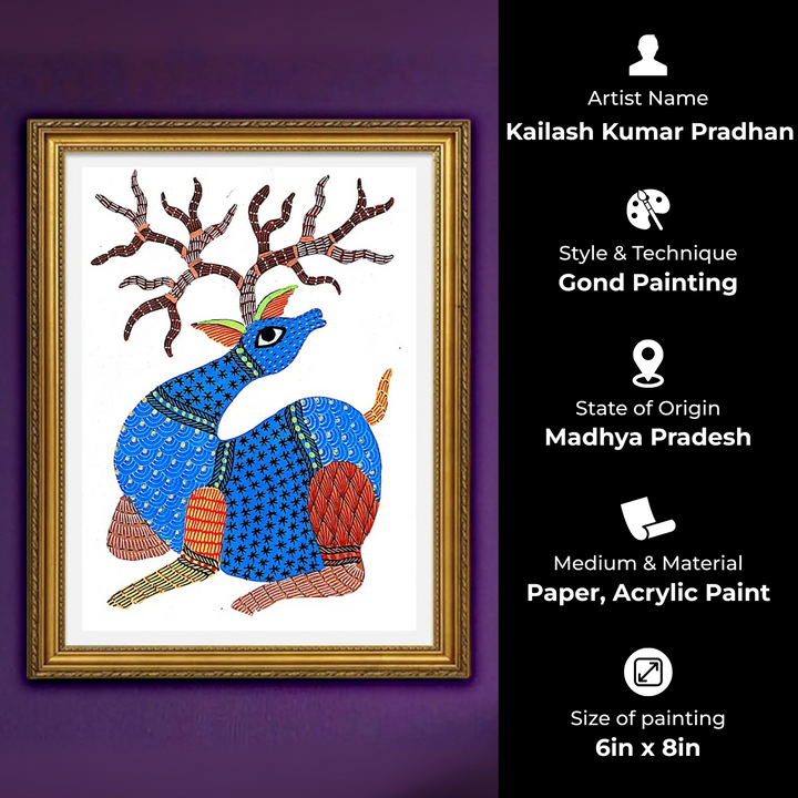 6 x 8 Inch | Blue Deer | Original Hand painted Tribal Gond Art Painting | Acrylic Paints On Paper