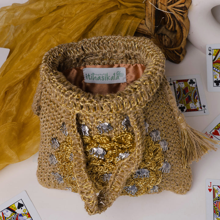 Handmade Crochet Golden Elephant Motif Potli