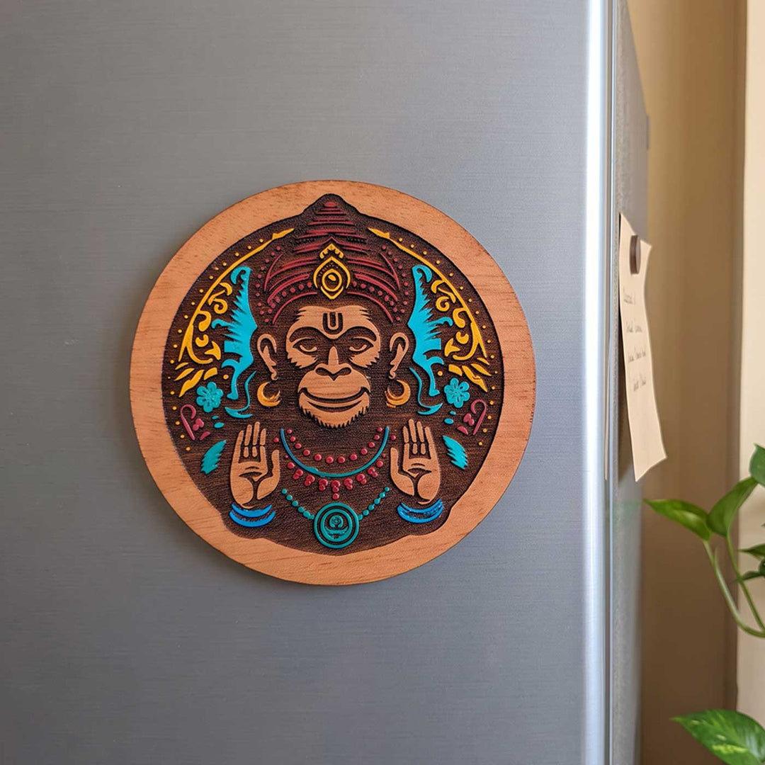 Engraved & Hand-Painted Hanuman Mahogany Wood Fridge Magnet