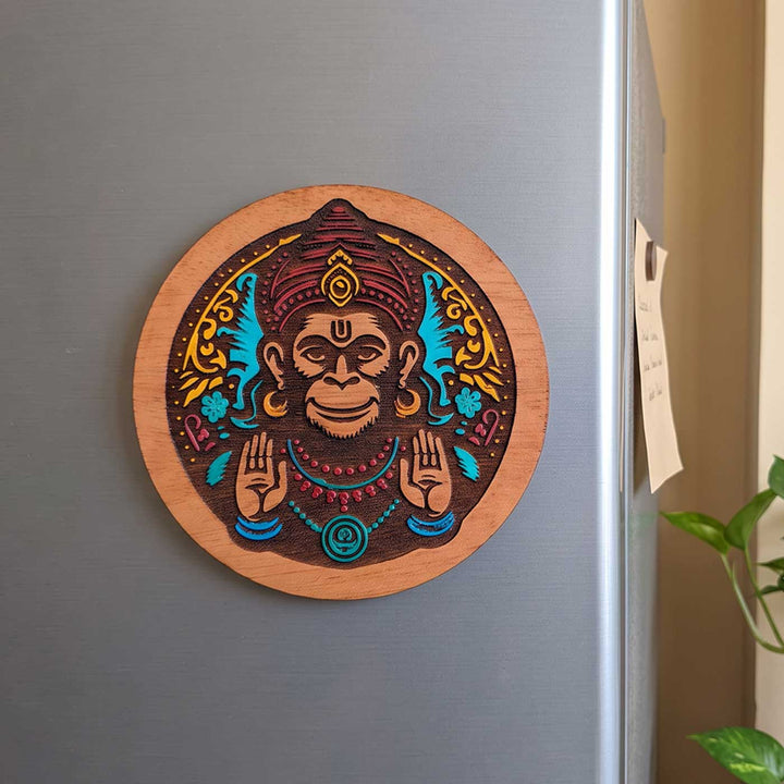 Engraved & Hand-Painted Hanuman Mahogany Wood Fridge Magnet