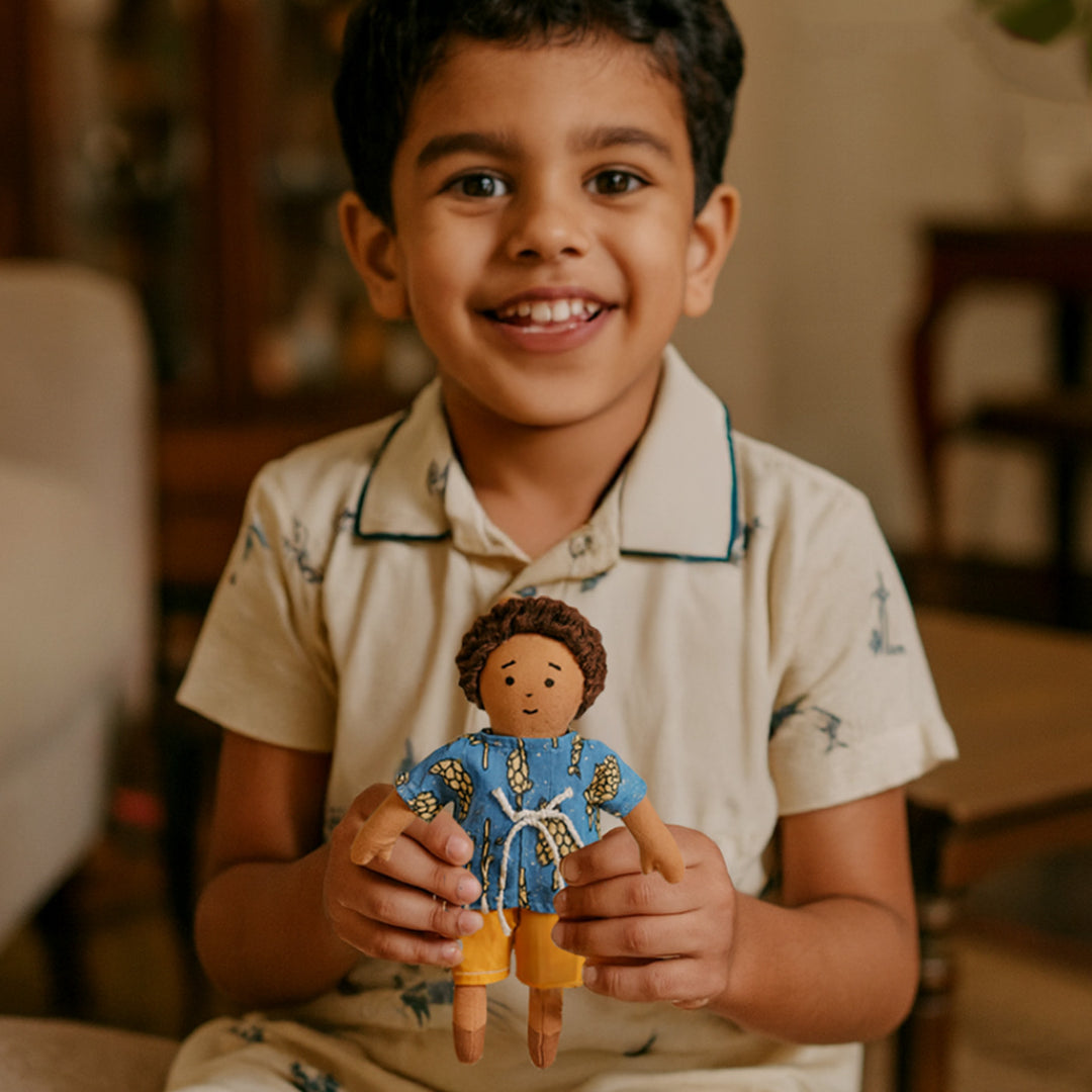 Nilah's (Younger Brother) Raagu In Blue Shirt | Soft Hand-Stitched Sustainable Indian Play Doll