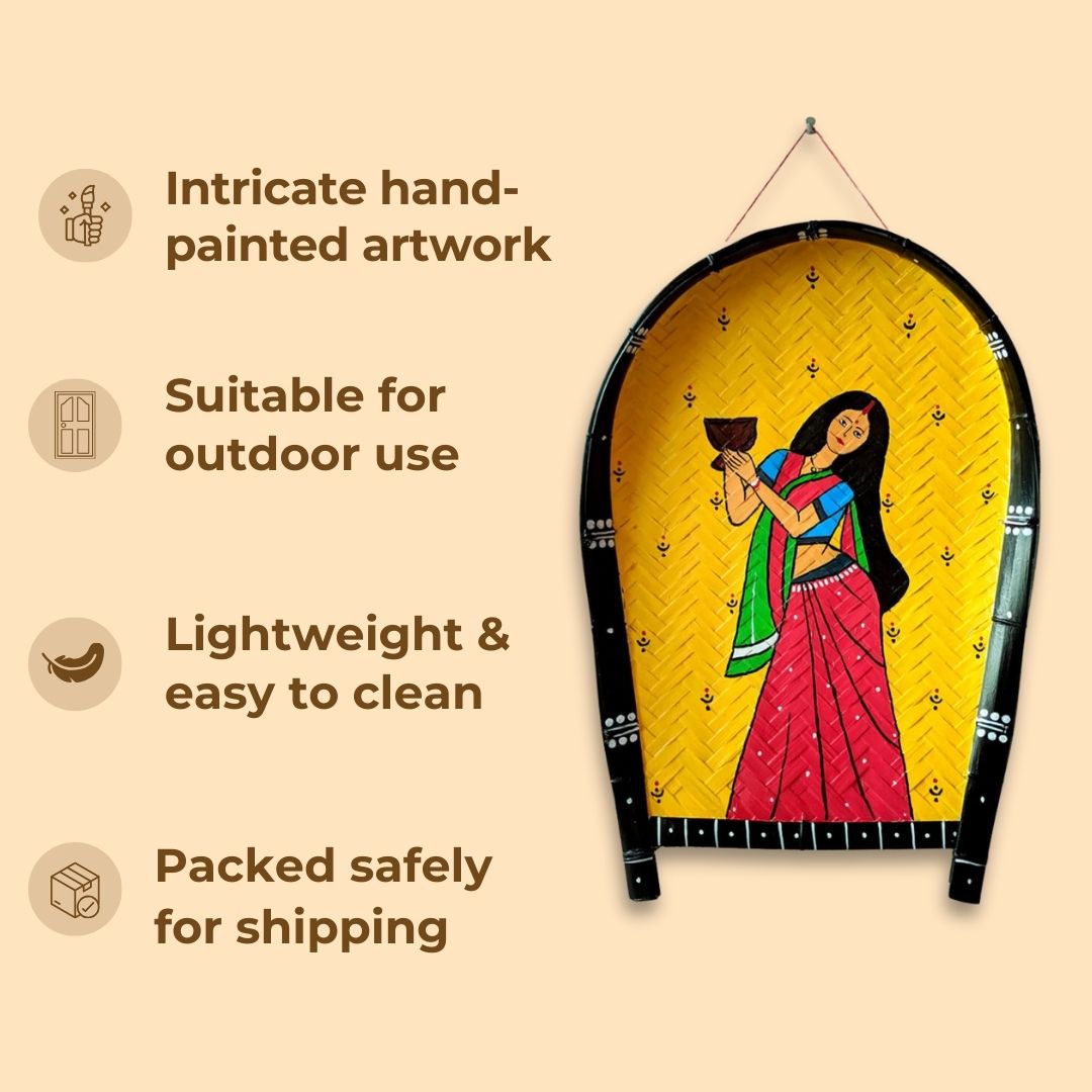 Handpainted Dhak Kulo | Pink Durga Pujo Themed Bamboo Wall Decor