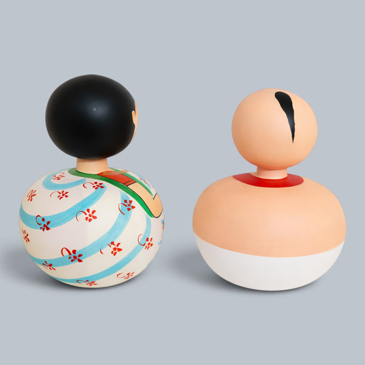 Set of 2 | Hand-Painted Blue Floral & Peach Bobble Head Couple Wooden Golu Dolls For Gifting & Decor
