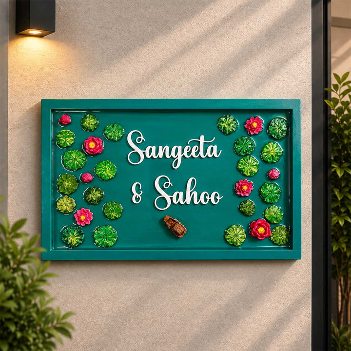 Lily Pond "Majestic" 3D Personalized Resin & Teak Wood Name Plate With Acrylic Letters For Home