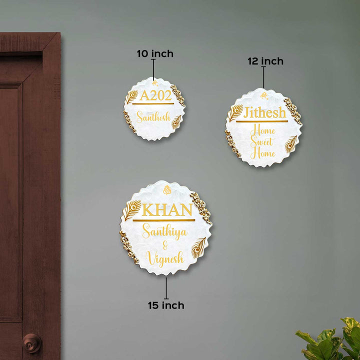 White Feather Personalized Marble Efffect Wavy Round Resin Name Plate | With 3D Acrylic Letters & Gold Stone Embellishment