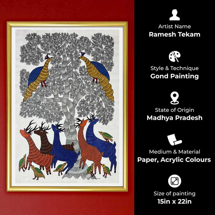 15 x 22 Inch | Peacock, Birds & Deers | Original Hand Painted Tribal Gond Art Painting | Acrylic Paints On Canvas