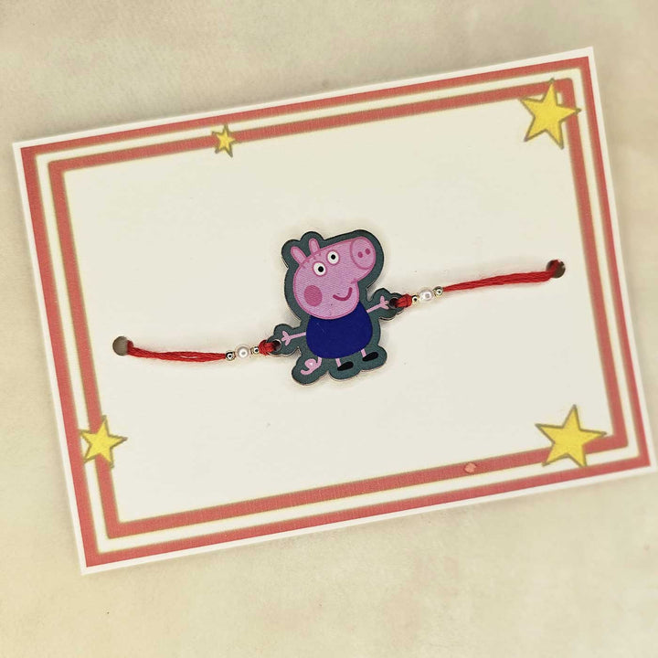 Handmade Peppa Pig Mdf Wood Kids Rakhi With Roli Chawal - Mounted on Gift Card with Stars