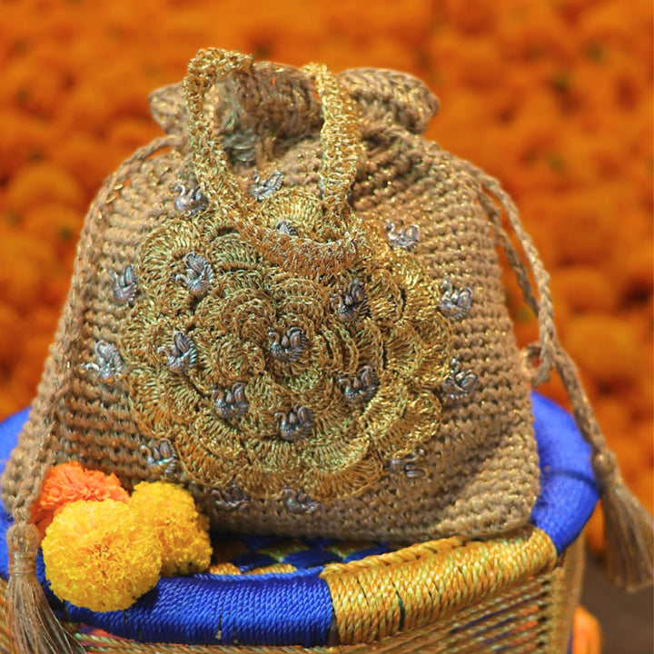 Handmade Crochet Peacock Shimmer Blossom Potli