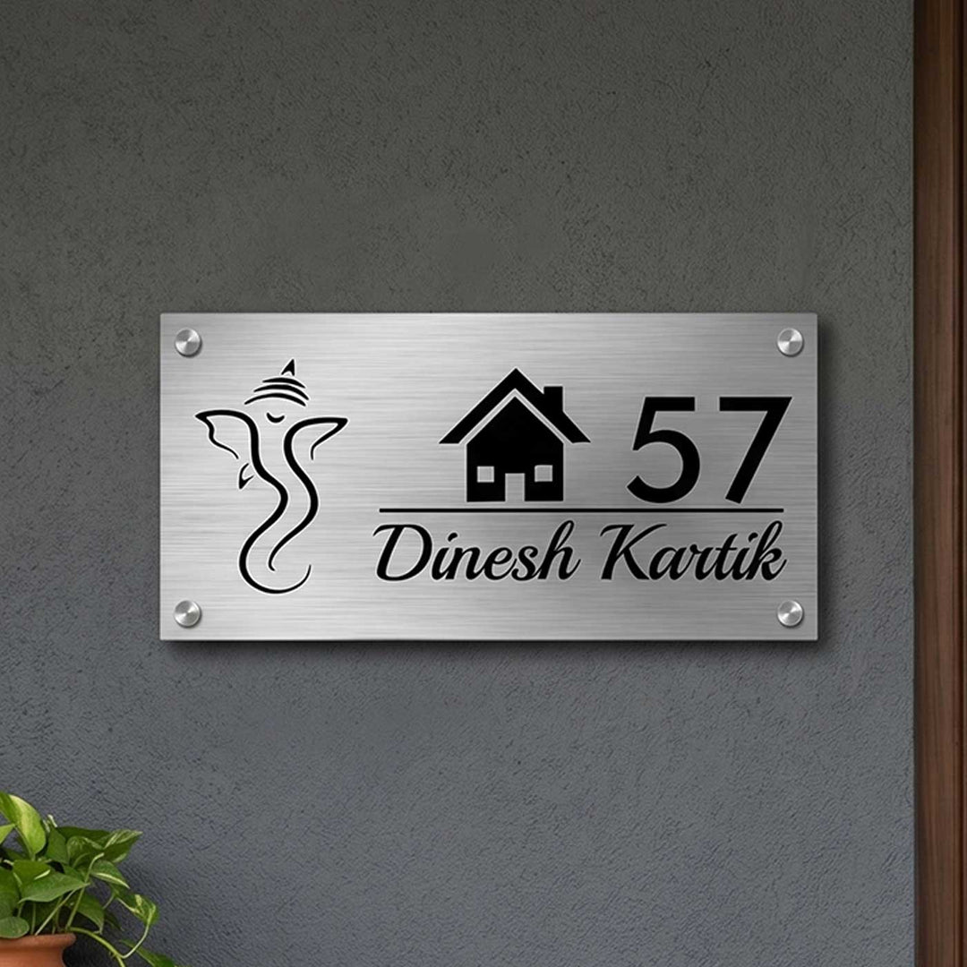 Personalized Ganesha & House Design Stainless Steel Name Plate