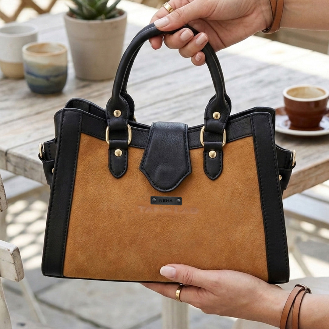 Personalized Orange & Black Serena Leather Handbag