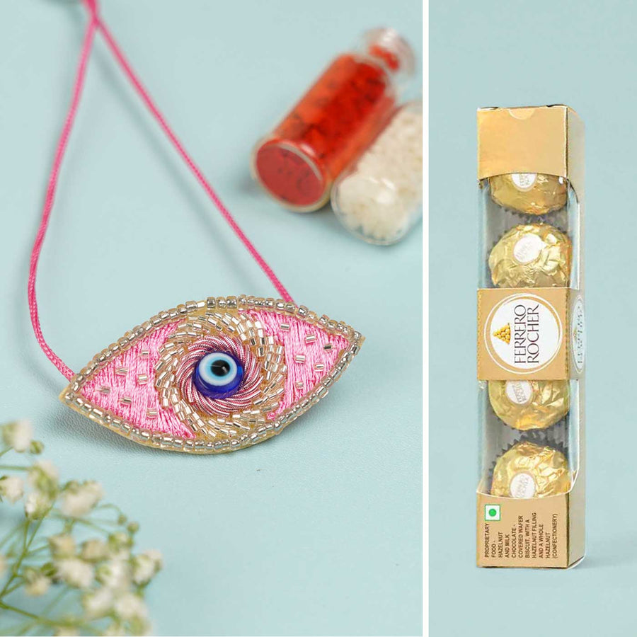 Handmade Beaded Evil Eye Lumba Rakhi For Bhabhi With Roli Chawal - Front View with Gift Box