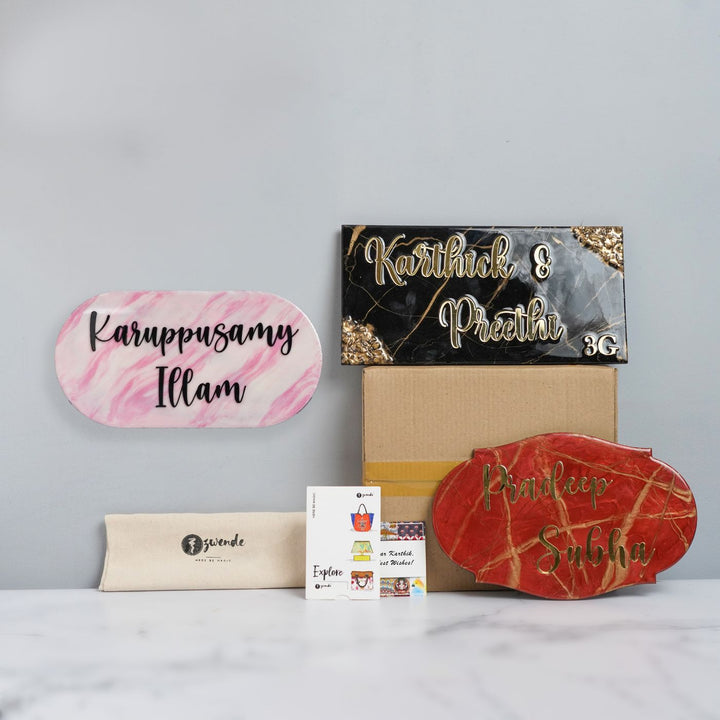 Handmade Resin Black & Gold Rectangle Marbled Name Plate