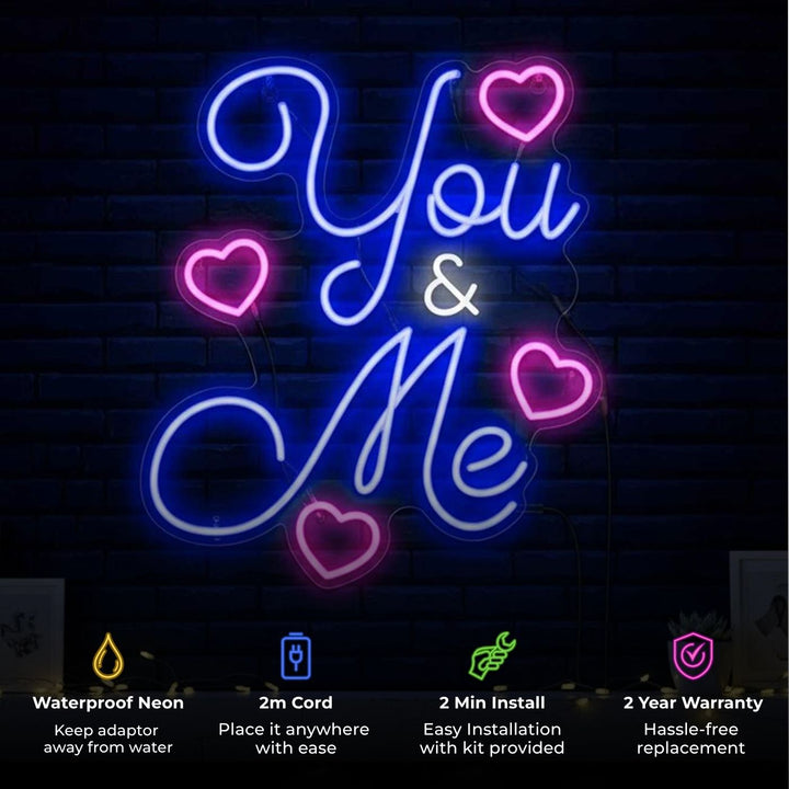 Personalized Handmade "You & Me" Neon Light Sign Board With Heart Motifs For Couple Wall Decor