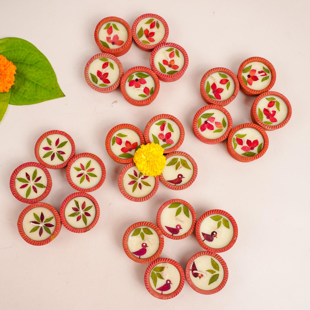 Set Of 24 | Handmade Soy Wax & Dry Flower Festive Diyas