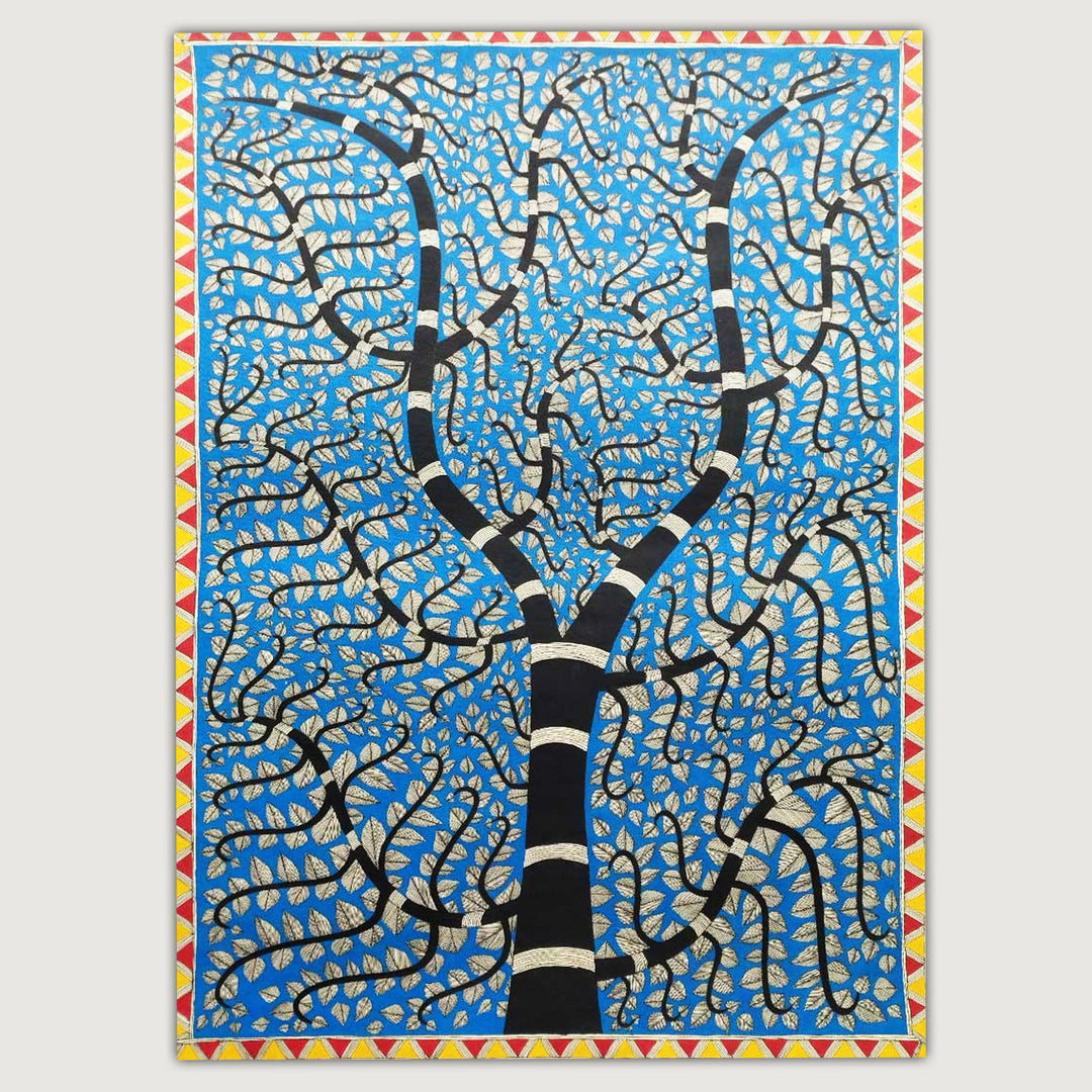 22 x 30 Inch | Blue Dense Leaf Tree | Original Hand Painted Madhubani Painting | Natural Pigments On Paper