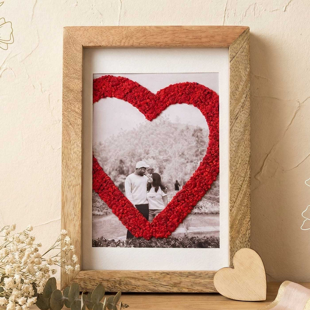 Couple Heart Design Hand Embroidered Photo With Wooden Frame