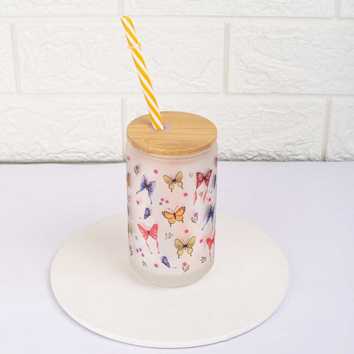 Frosted Printed Mason Jar with Wooden Lid & Straw | 350 ml