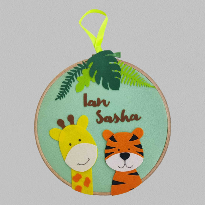 Personalized Handmade Giraffe And Tiger Felt Hoop Name Plate - Front View Hanging with Ribbon